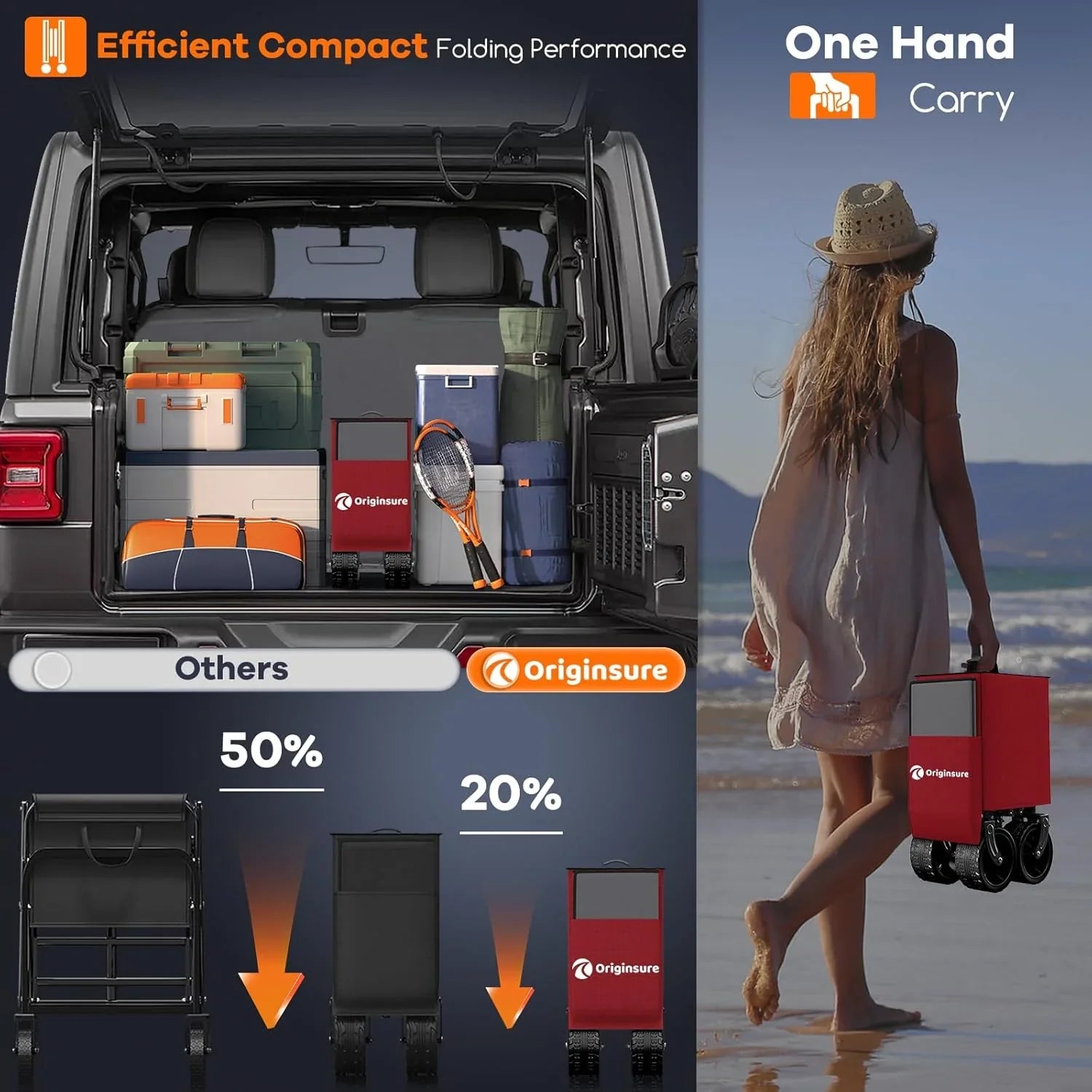 Poussette pliable à quatre roues de 96 cm de long, pliable, capacité de 200 kg, poussette de plage pliable robuste de 220 litres avec de grands pneus tout-terrain