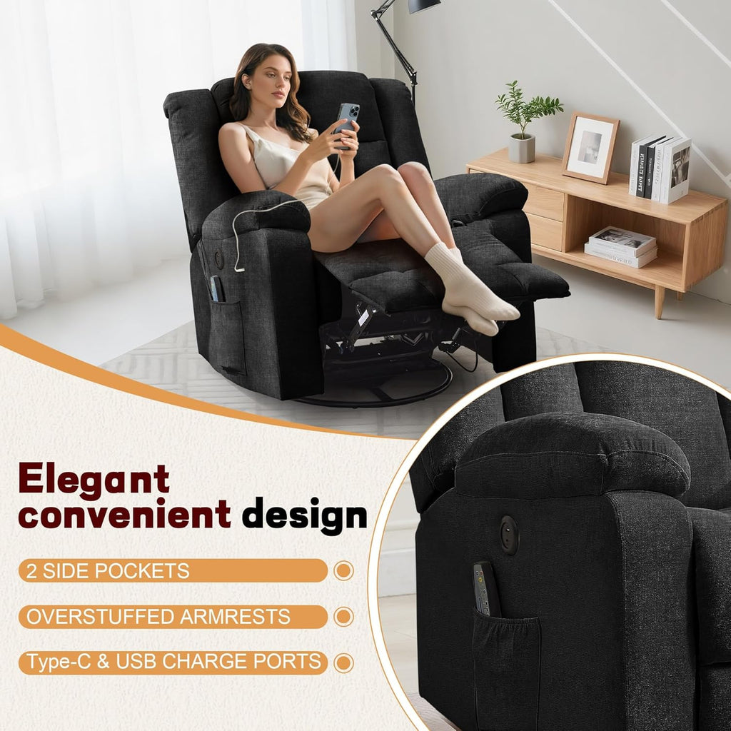 Fauteuil à bascule pour adulte, fauteuil inclinable coulissant, fauteuil à bascule rotatif à 360° avec fonction massage et chauffage