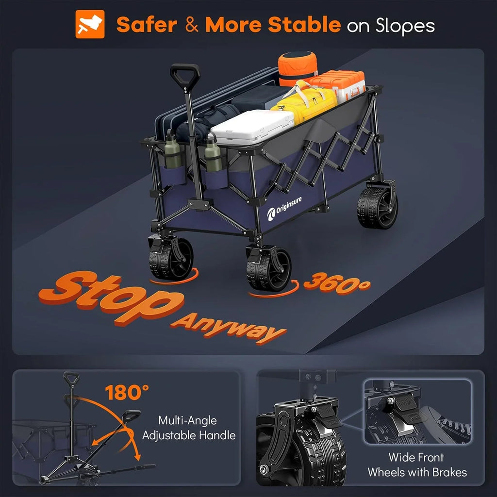 Poussette pliable à quatre roues de 96 cm de long, pliable, capacité de 200 kg, poussette de plage pliable robuste de 220 litres avec de grands pneus tout-terrain