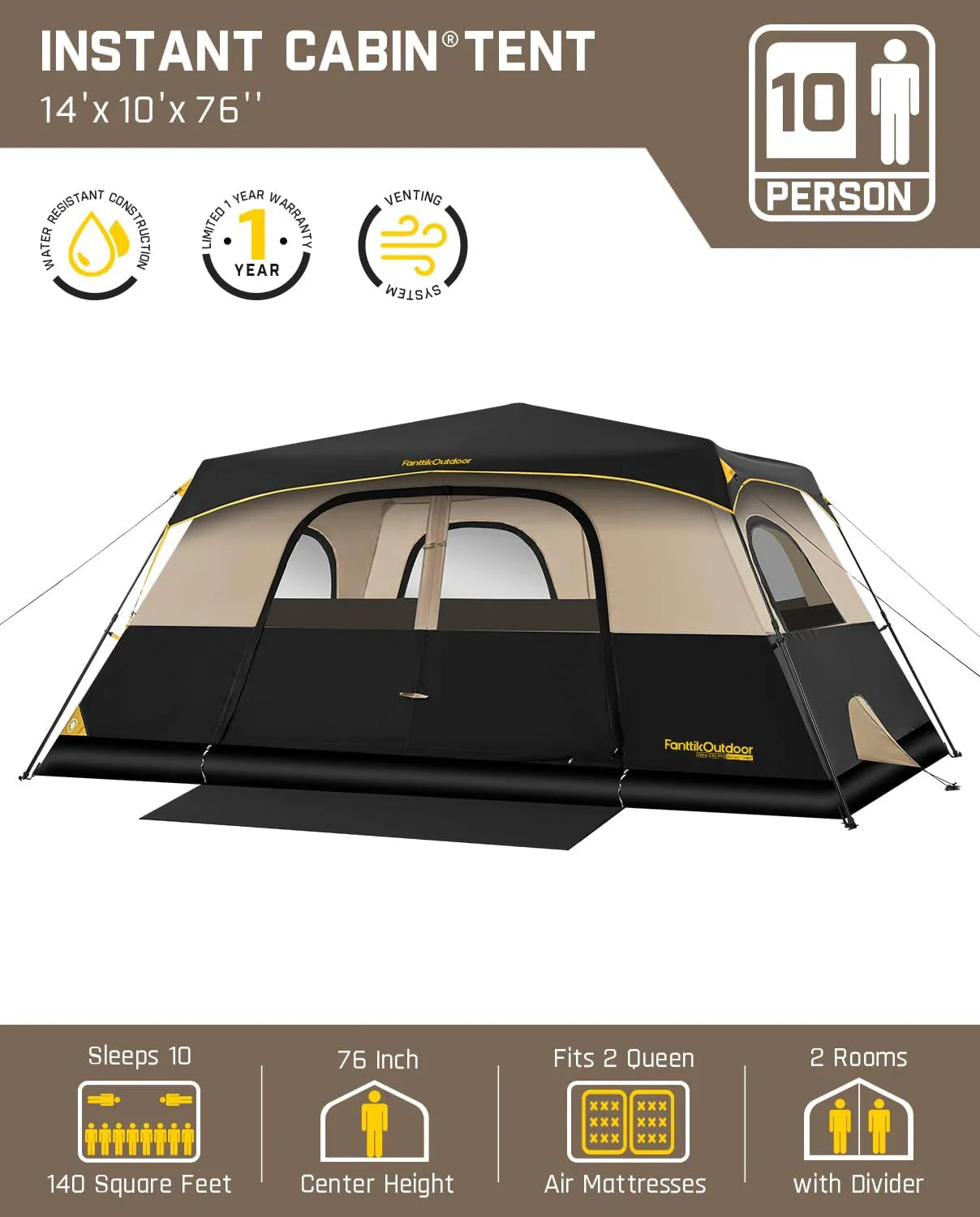 Tente de camping portable pour 4/6/8/10 personnes avec cabine instantanée et résistante à la pluie et au vent
