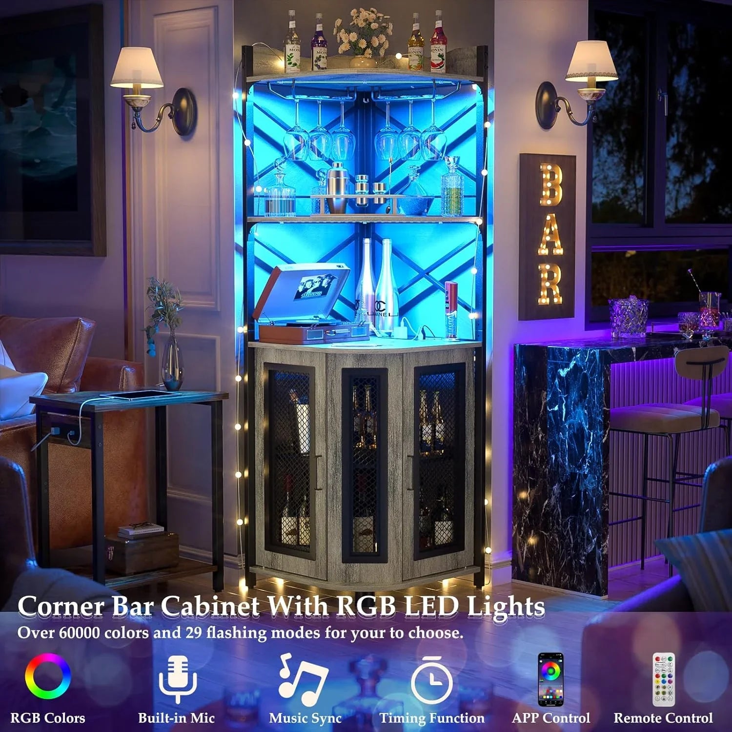 Meuble bar d'angle avec prise de courant, armoire à vin de style industriel avec bande lumineuse LED et support à verres, meuble bar à vin à cinq niveaux pour la maison, vitrine d'angle pour petit espace