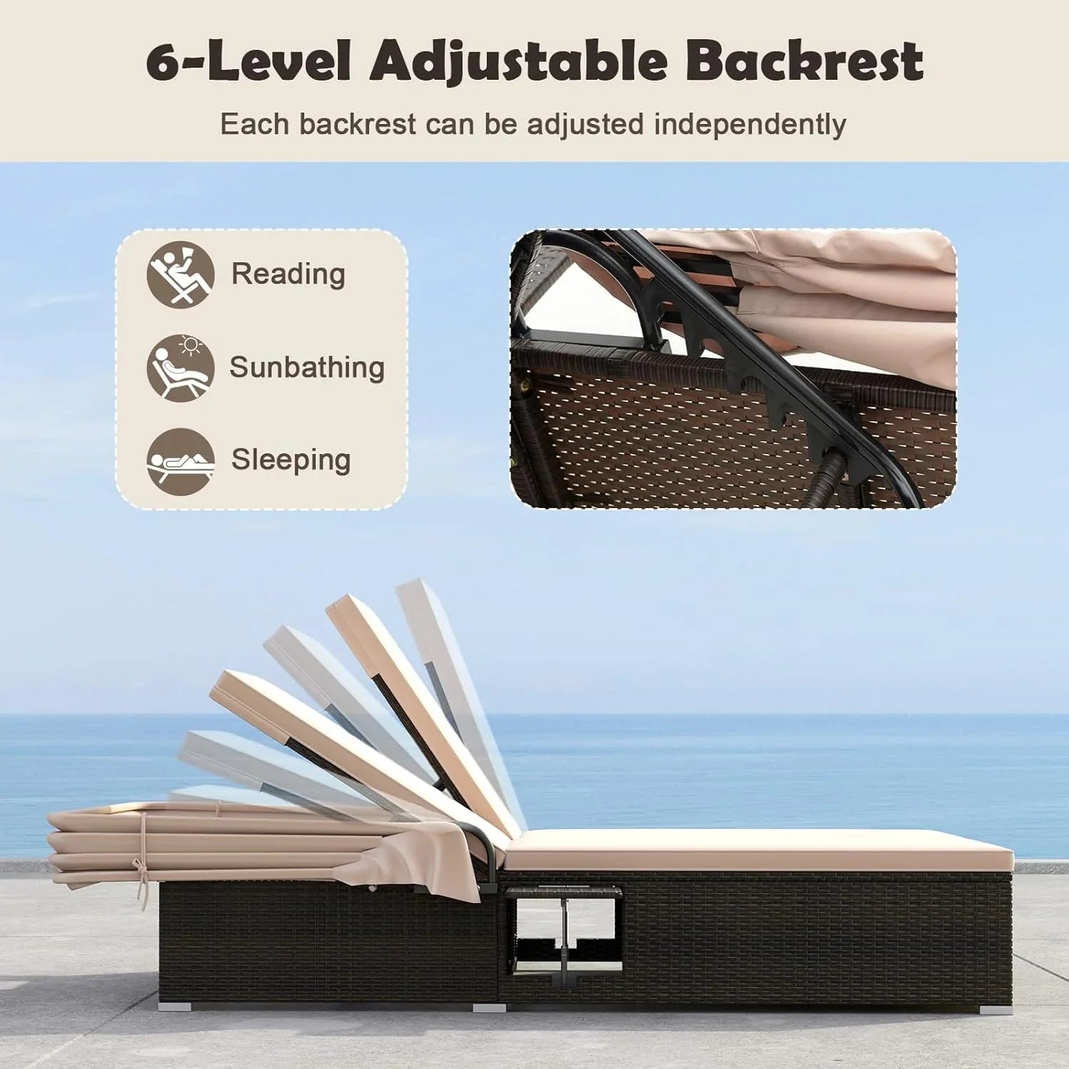 Lit de repos d'extérieur RELAX4LIFE avec auvent rétractable - Chaise longue double en osier avec dossier à 6 positions