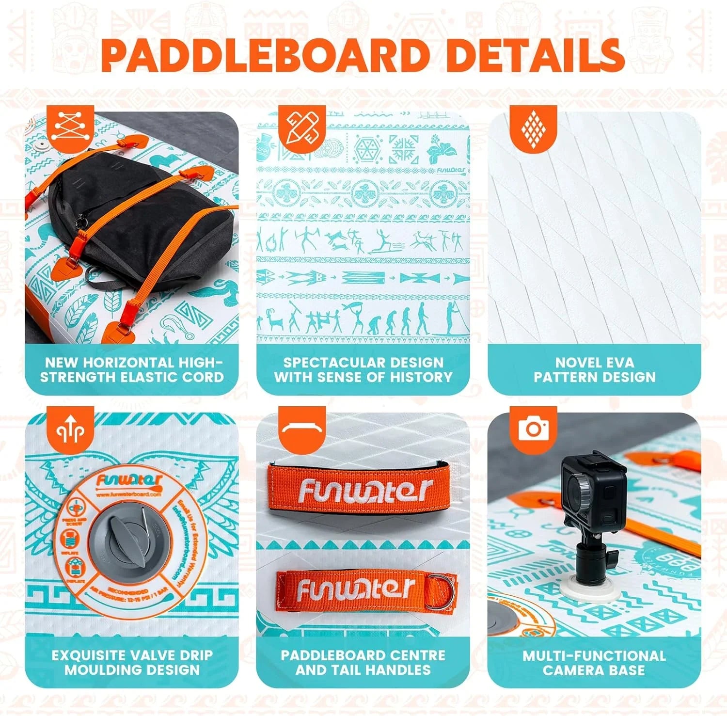 Planche de stand up paddle gonflable FunWater avec accessoires de pagaie SUP haut de gamme, pont EVA antidérapant, pagaie 11'/10'6'