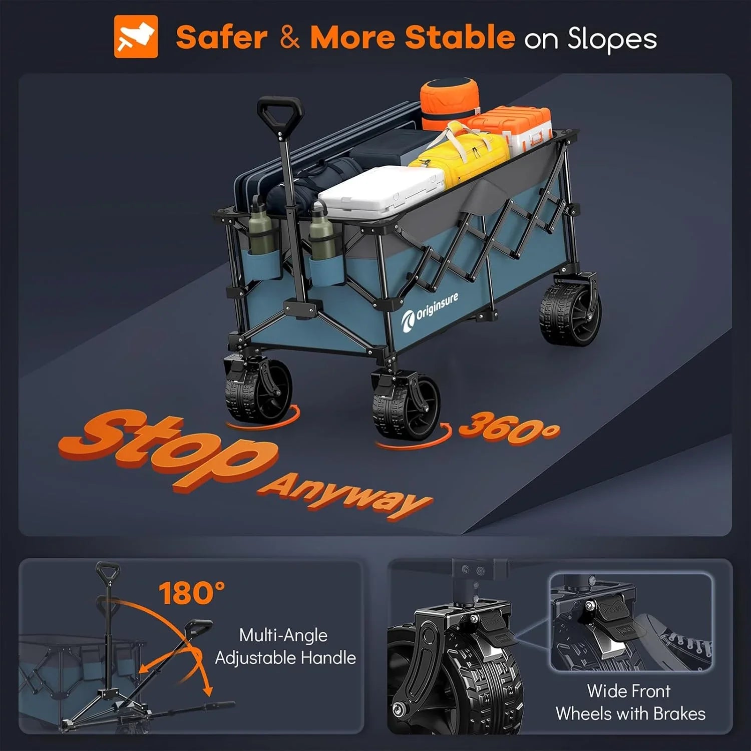 Poussette pliable à quatre roues de 96 cm de long, pliable, capacité de 200 kg, poussette de plage pliable robuste de 220 litres avec de grands pneus tout-terrain