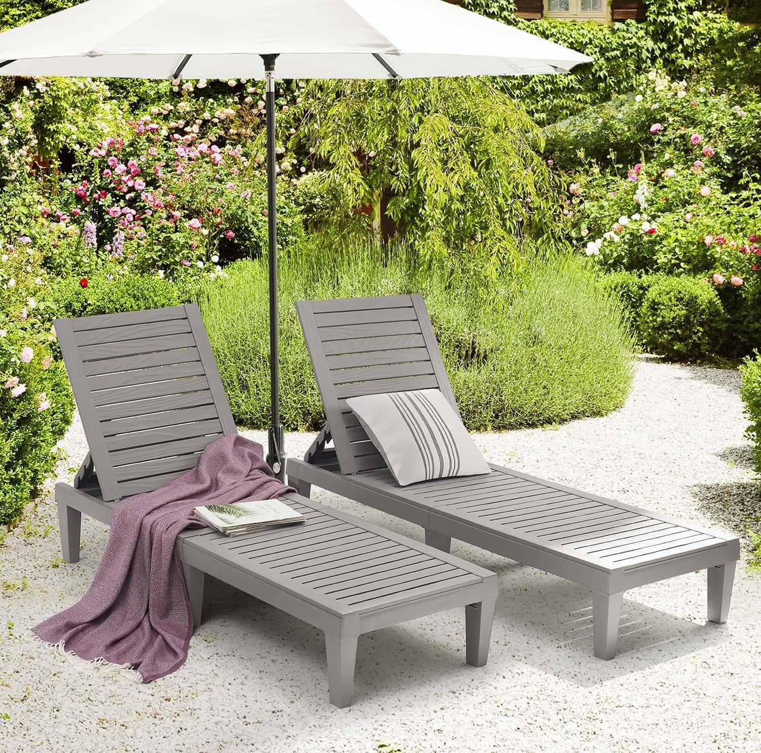 Chaises de patio - Ensemble de 2 chaises longues noires pour l'extérieur, chaise longue de jardin légère