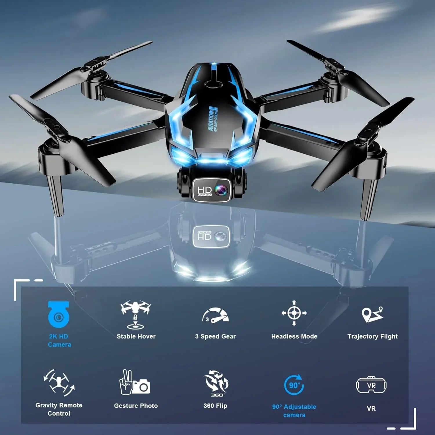Drone FPV HD 2K pour adultes avec caméra - Maintien d'altitude pliable et portable