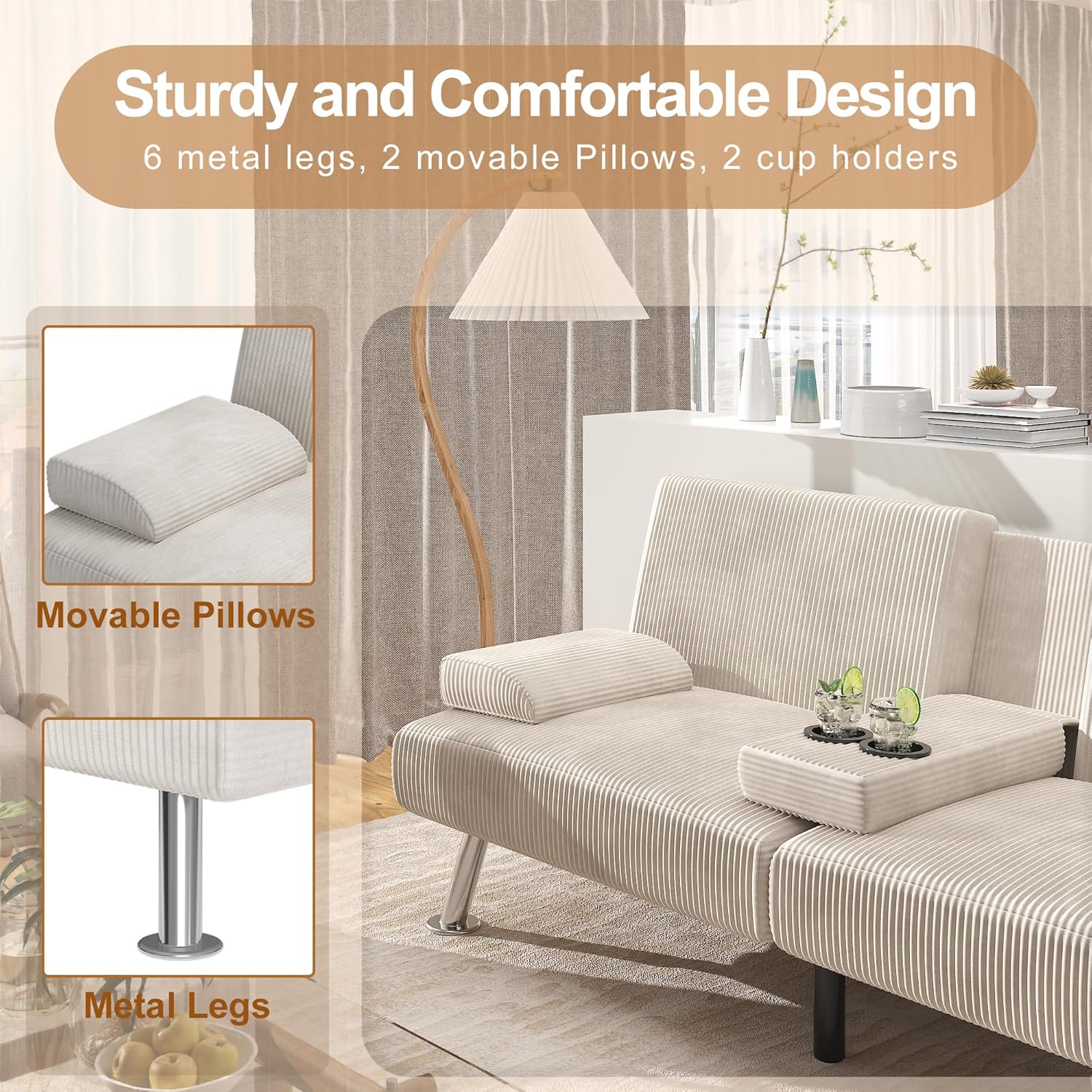 Canapé-lit futon convertible et pliable en lin moderne Shahoo avec accoudoirs amovibles, pieds en métal et 2 porte-gobelets pour le salon