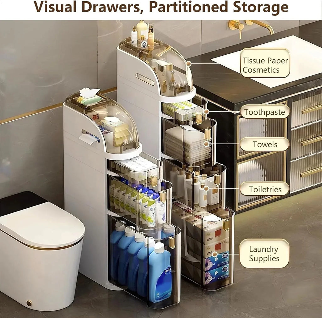 Meuble de rangement étroit à 4 niveaux pour salle de bain, 7,1 pouces, avec tiroirs et boîte à mouchoirs, casier mobile étanche en plastique