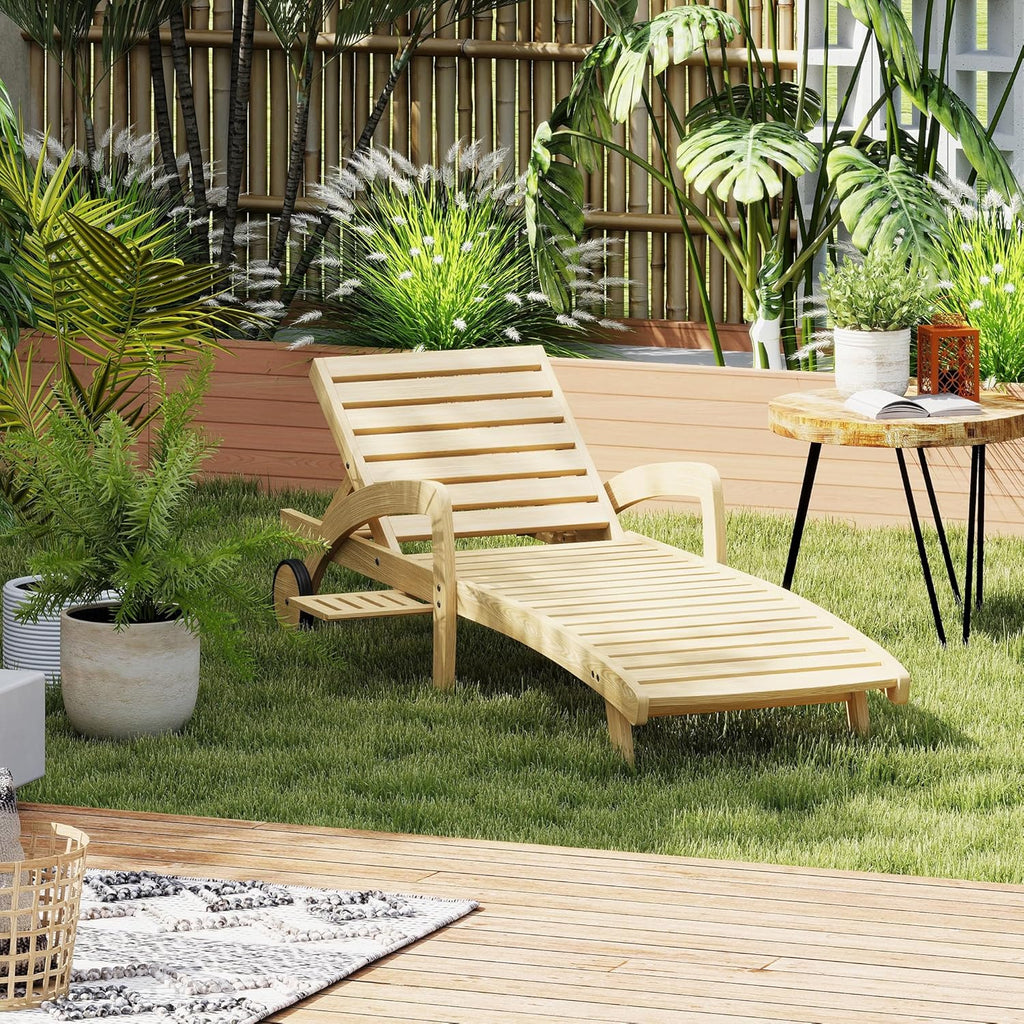 Chaise longue de piscine réglable à 5 positions Chaise longue en bois avec table d'appoint coulissante