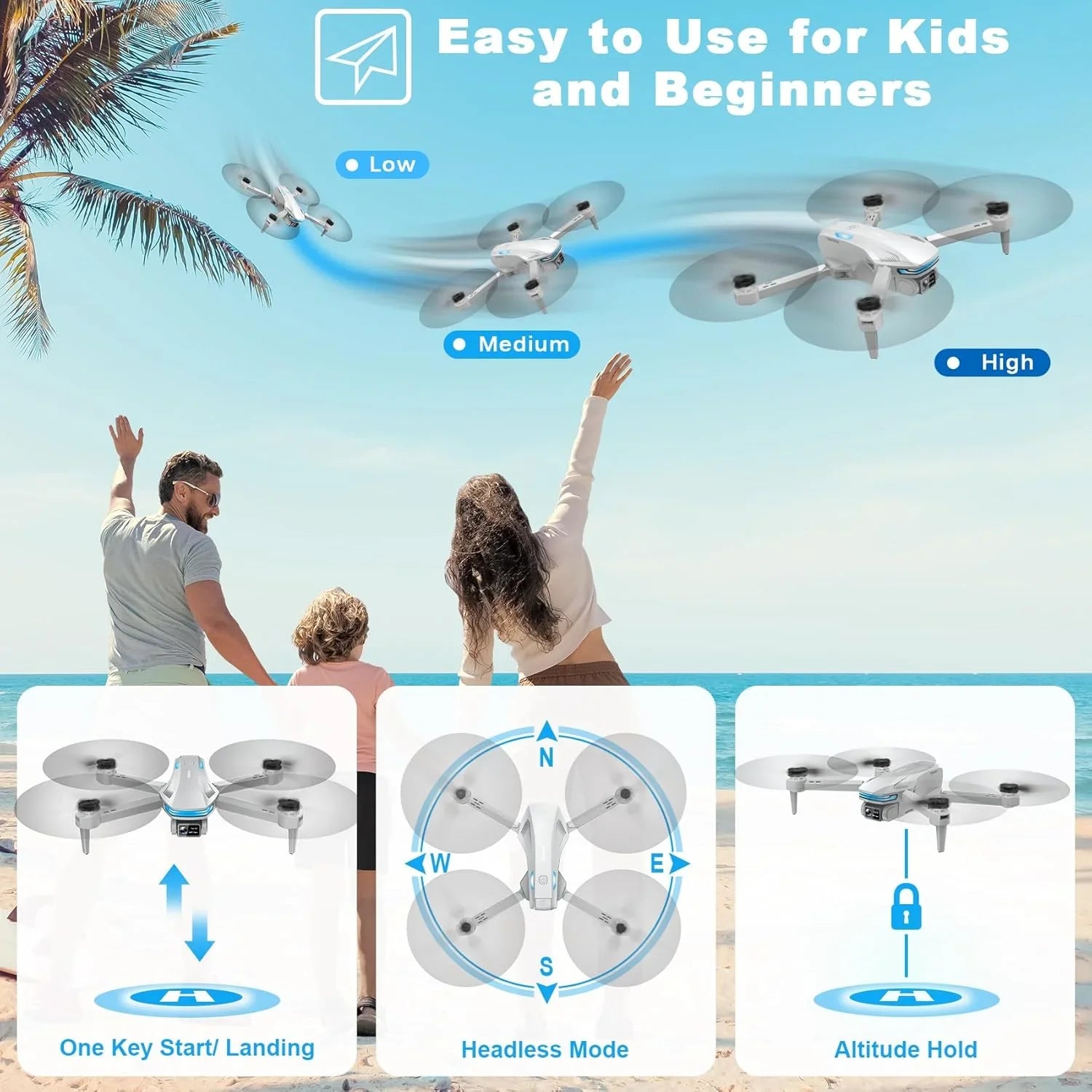Drone FPV HD 2K pour adultes avec caméra - Maintien d'altitude pliable et portable