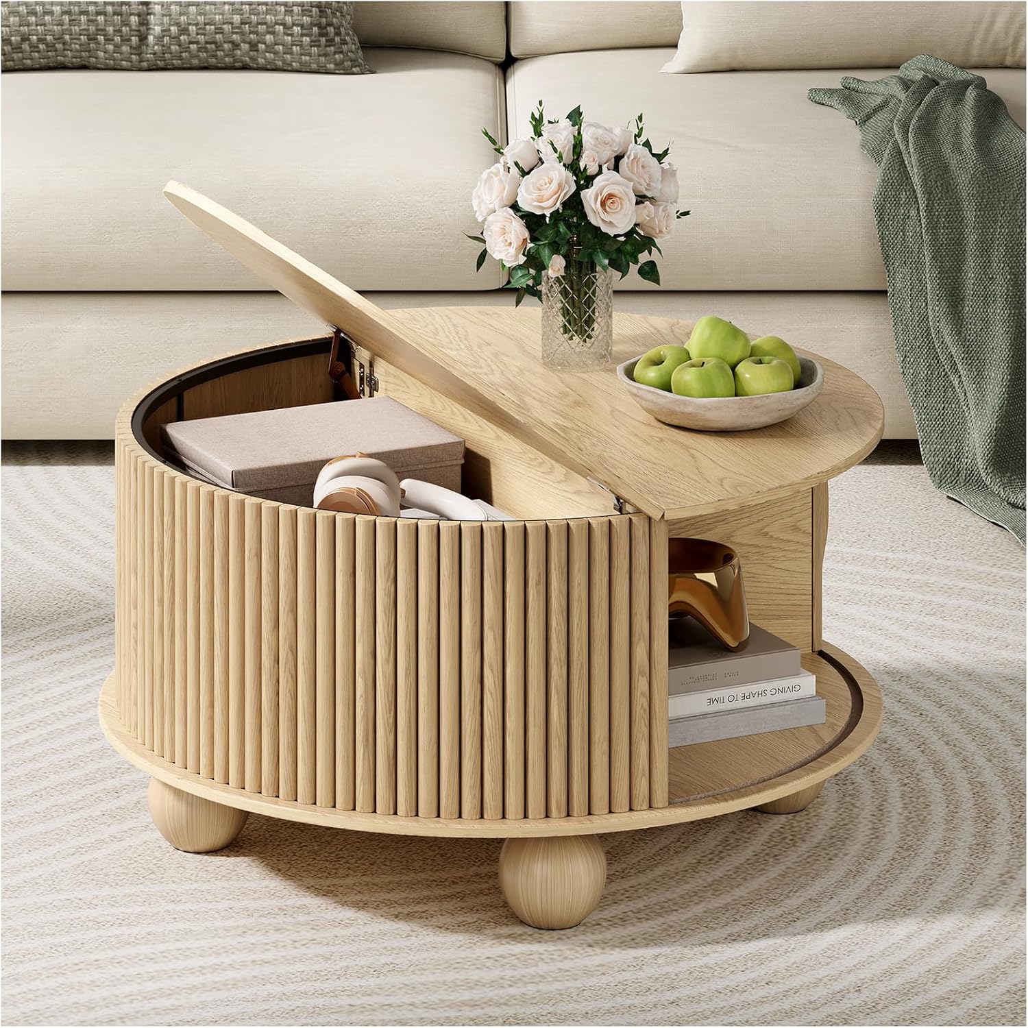 Table basse ronde avec rangement, table centrale encastrée avec portes coulissantes