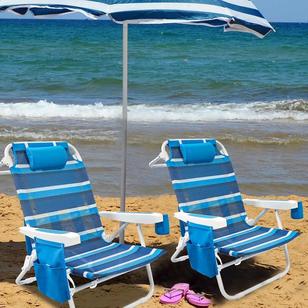Lot de 2 chaises de plage pliantes à 5 positions avec sangles de sac à dos, sac isotherme et porte-gobelet