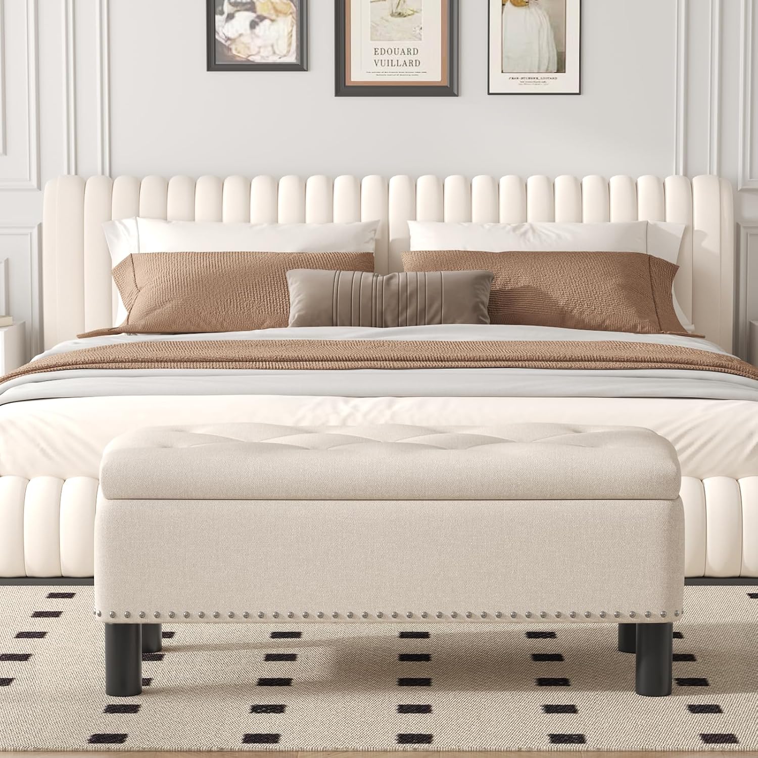 Tabouret de rangement moderne Furniliving, tabouret de bout de lit en bois massif Sherpa, tabouret rembourré tabouret d'intérieur