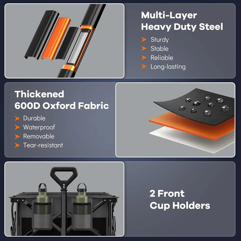 Poussette pliable à quatre roues de 96 cm de long, pliable, capacité de 200 kg, poussette de plage pliable robuste de 220 litres avec de grands pneus tout-terrain