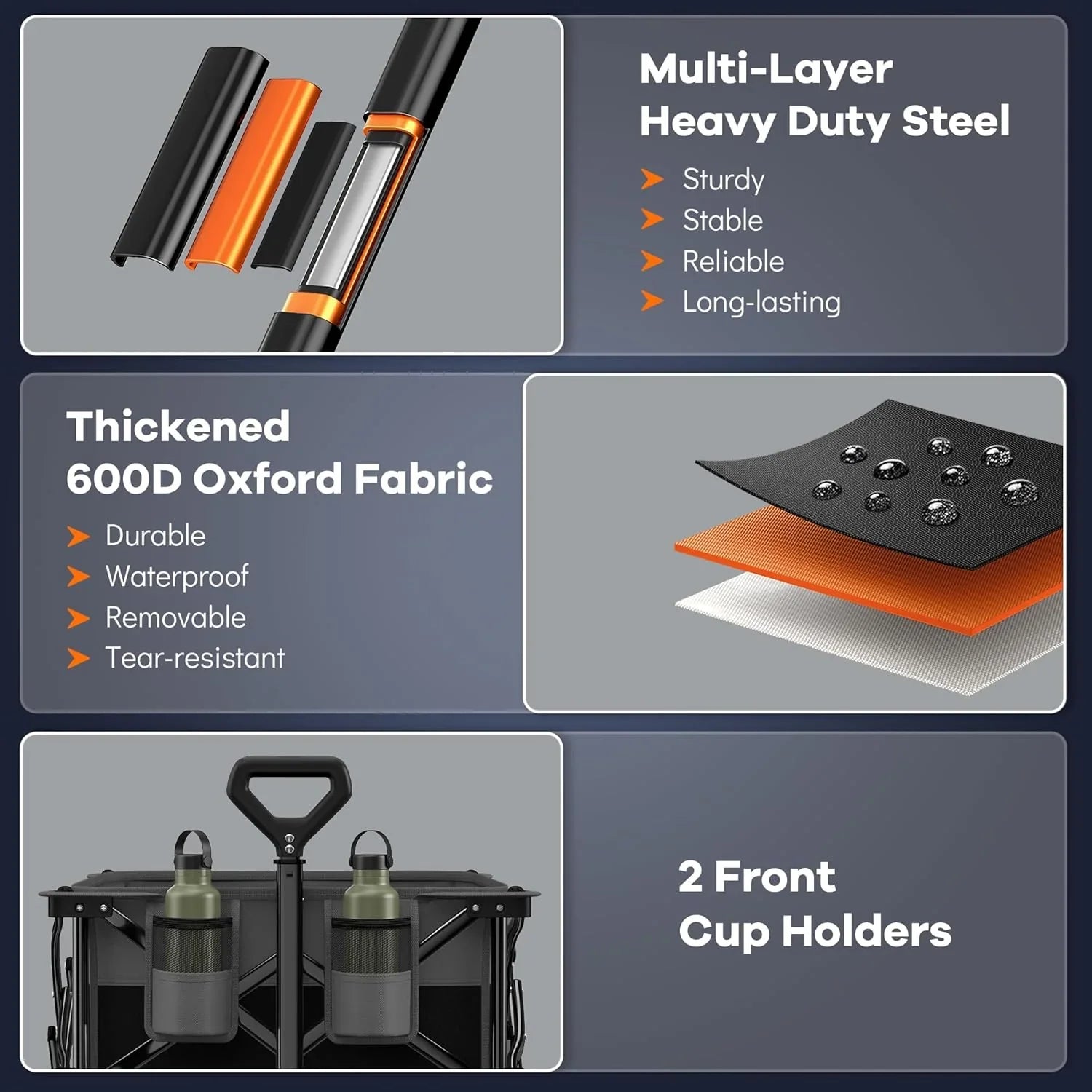 Poussette pliable à quatre roues de 96 cm de long, pliable, capacité de 200 kg, poussette de plage pliable robuste de 220 litres avec de grands pneus tout-terrain