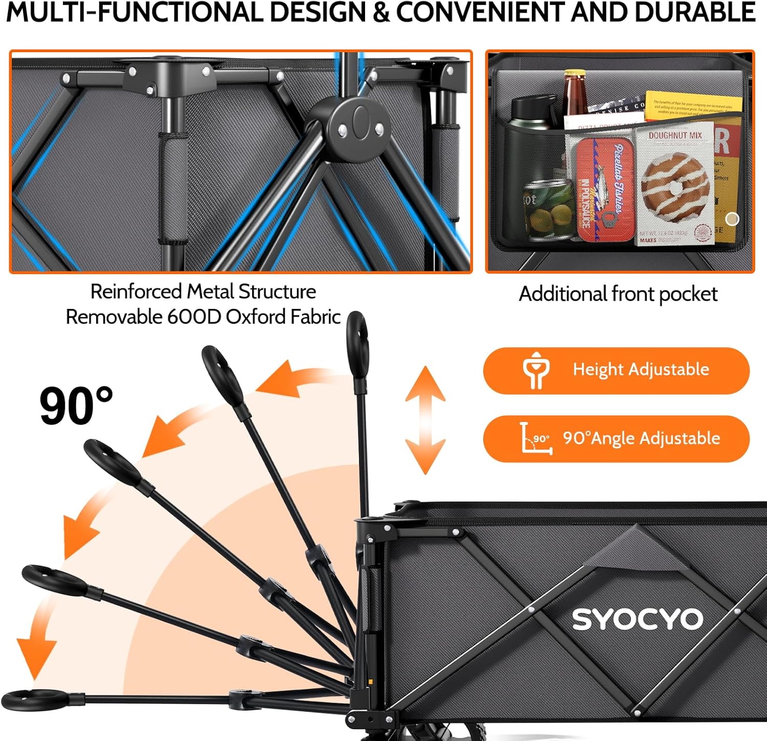 Chariot de plage pliable à grandes roues, chariot de plage pliable avec roues tout-terrain, grande capacité de charge, chariot robuste