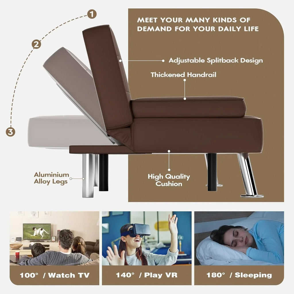 Canapé-lit futon Homall, canapé-lit futon en cuir avec accoudoirs amovibles, canapé-lit inclinable réglable avec deux porte-gobelets pour salon et appartement