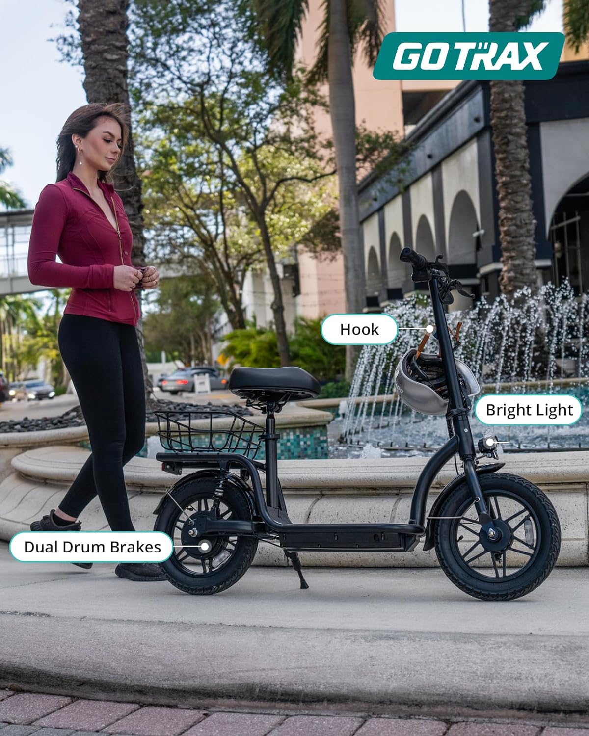Trottinette électrique adulte Gotrax avec siège, autonomie maximale de 19 à 25 miles, pneus tout-terrain, pédales larges, siège rembourré et nacelle