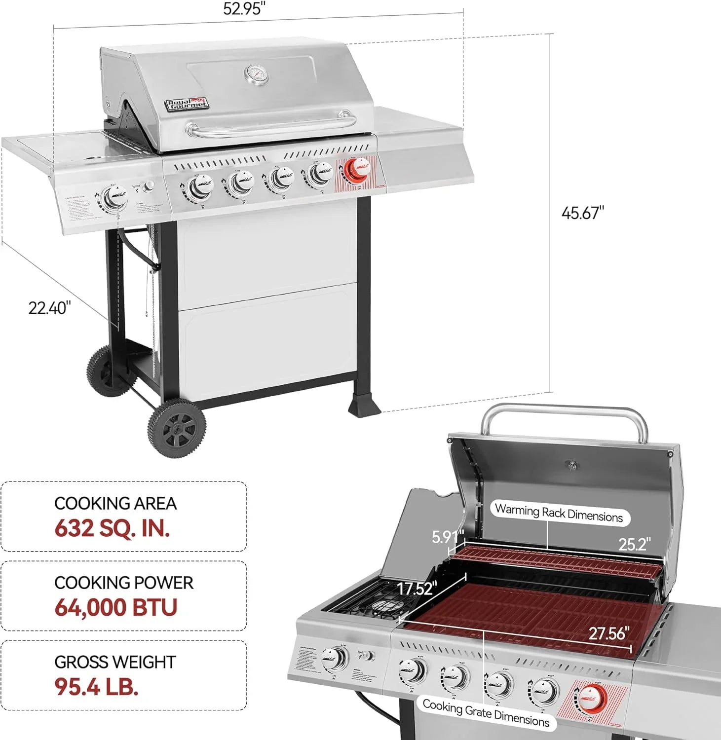 Barbecue au gaz propane Royal Gourmet GA5401T à 5 brûleurs avec gril et brûleurs latéraux, grille en acier inoxydable, surface de cuisson de 632 pouces carrés