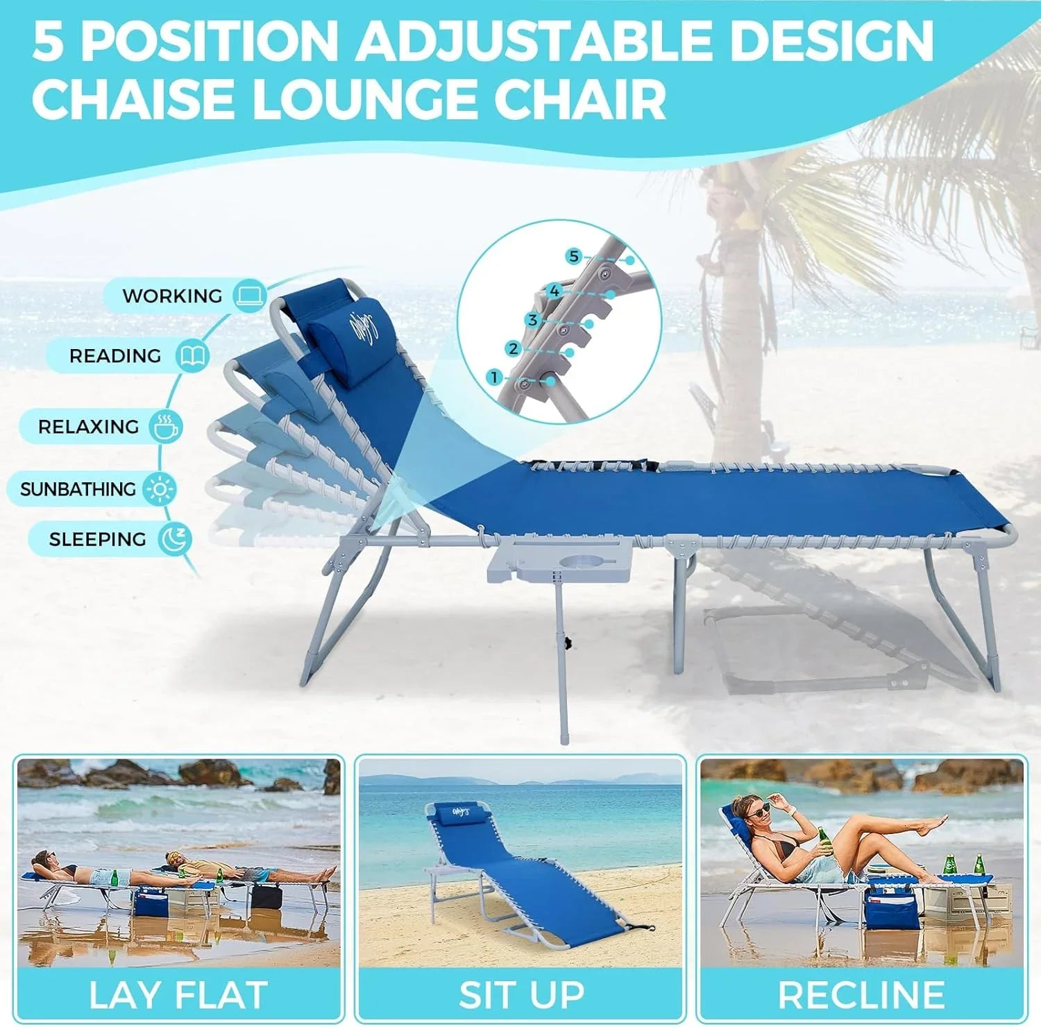 Lot de 2 chaises longues d'extérieur - Chaise longue pliante portable pour patio, piscine, camping, inclinable et réglable sur 5 positions