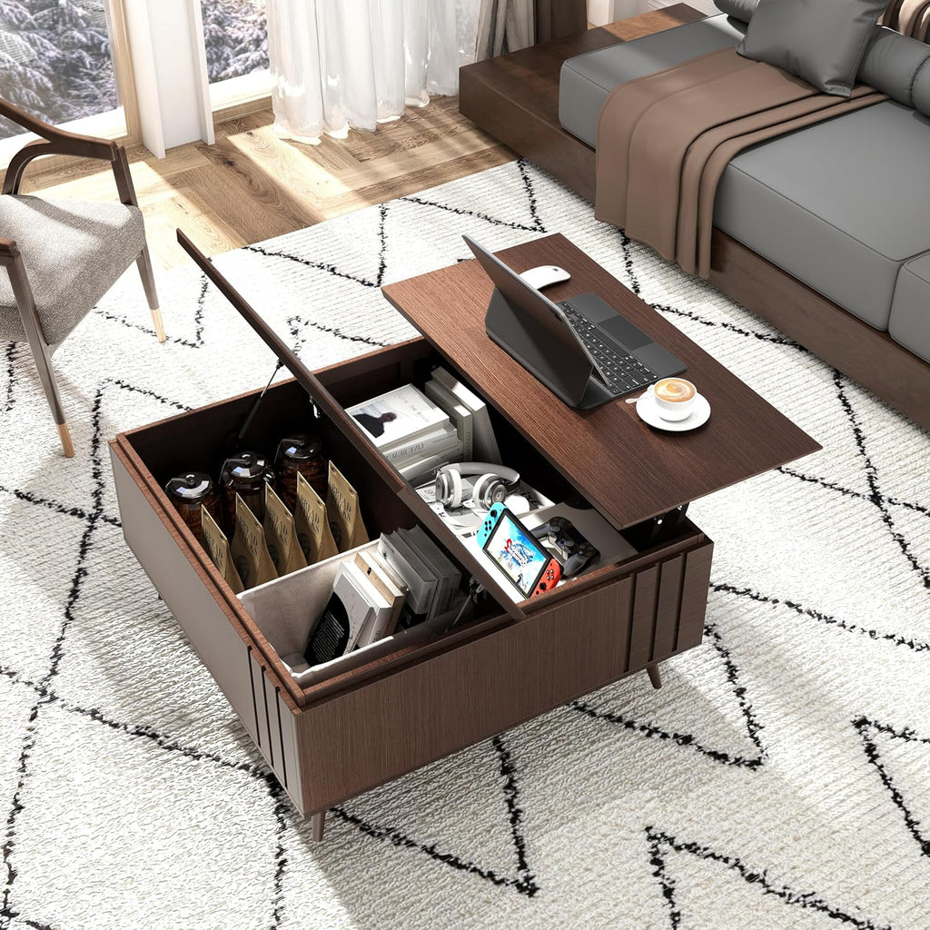 Table basse ronde avec rangement, table centrale encastrée avec portes coulissantes