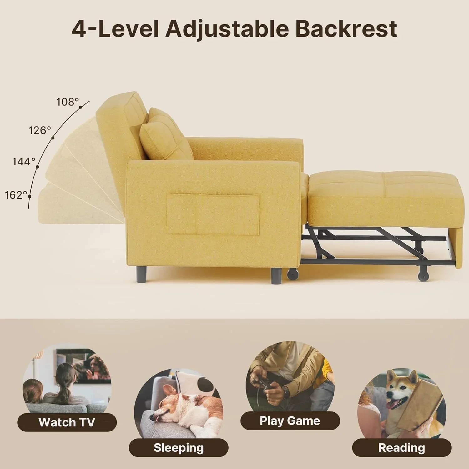 Canapé-lit convertible 3 en 1, convertible en lit simple gigogne avec dossier réglable, spacieux et multifonctionnel