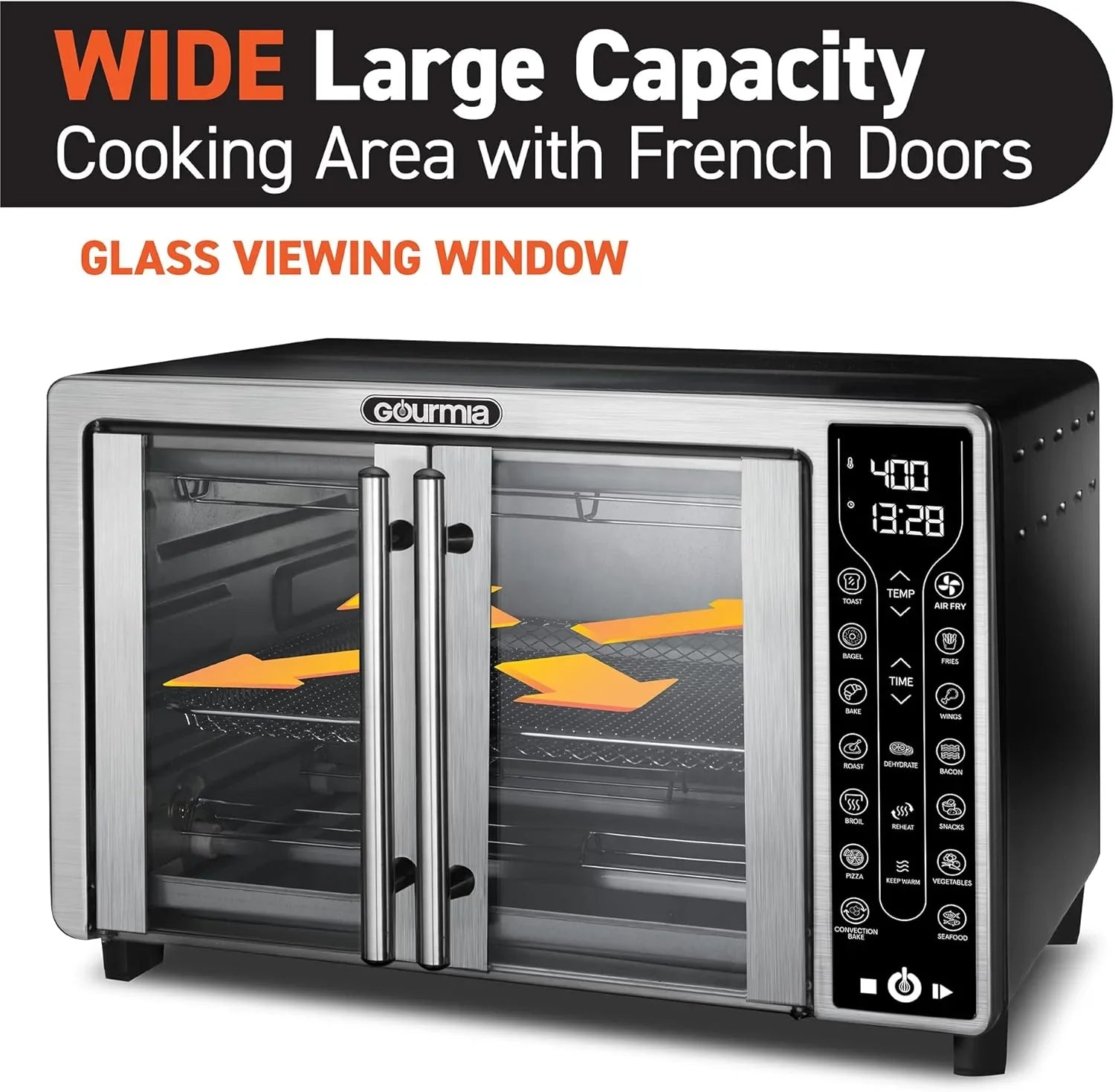 Friteuse à air combinée Gourmia avec 17 préréglages de cuisson, capacité de 24 L, grille de convection et plaque de cuisson