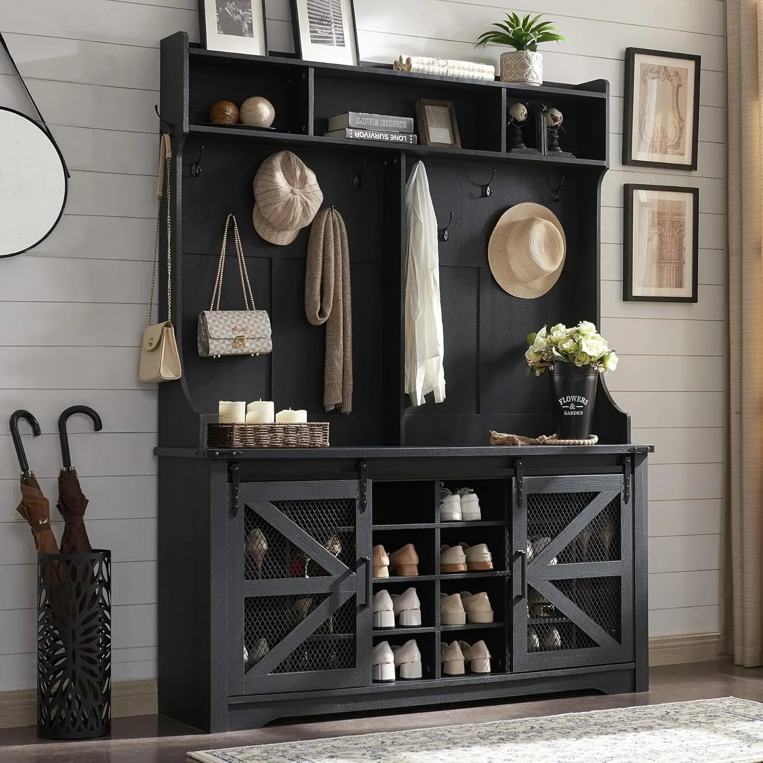 JXQTLINGMU Arbre de foyer de ferme de 59 pouces avec rangement pour chaussures, banc d'entrée, porte-manteau, armoire