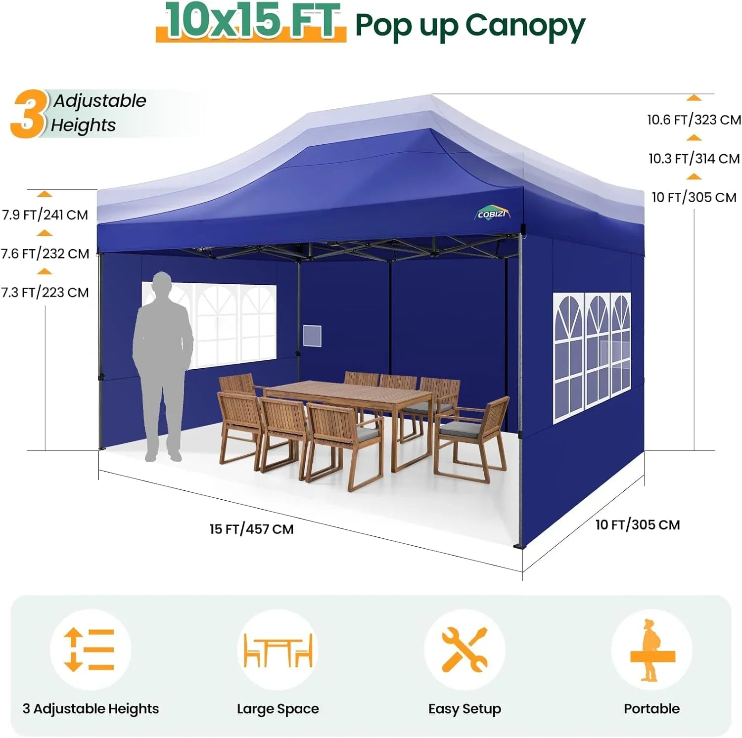 Tente pop-up robuste COBIZI 10x20 avec 6 parois latérales, facile à installer