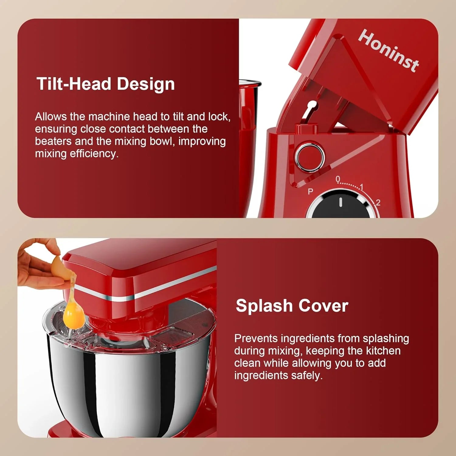 Batteur sur socle 10 vitesses avec protection anti-éclaboussures 8 en 1, tête inclinable, bol en acier inoxydable de 6 litres + crochet pétrisseur/fouet/mixeur/grattoir lavable au lave-vaisselle