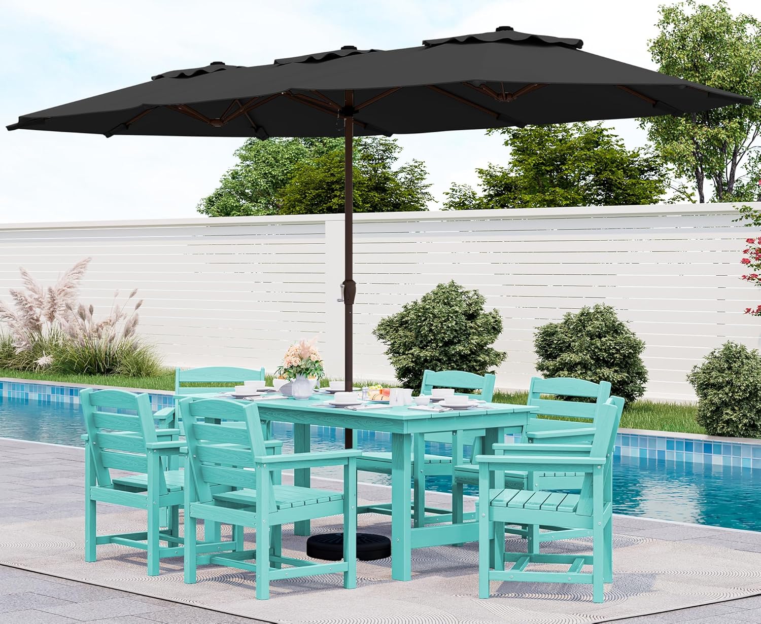 Ensemble de salle à manger d'extérieur en PEHD, 7 pièces, avec table découpée pour parasol et 6 chaises