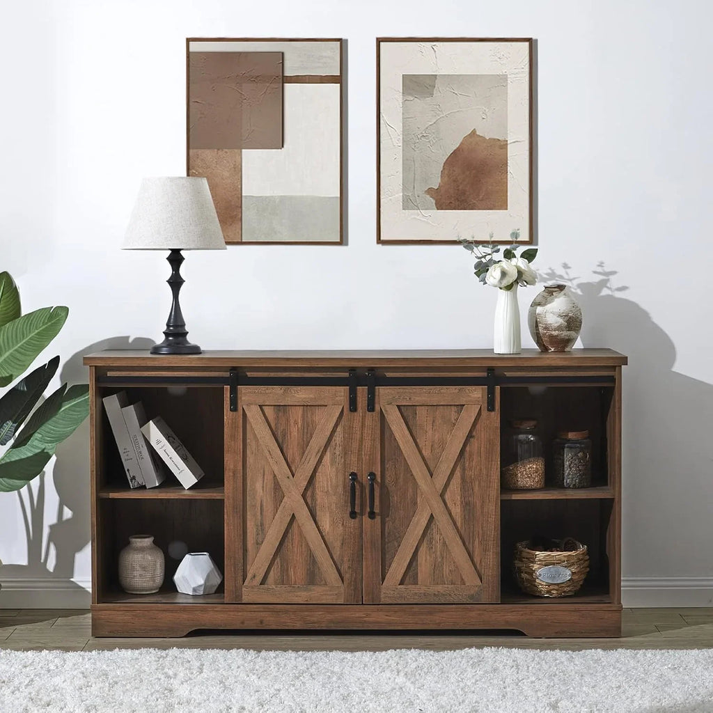 Meuble TV avec cheminée AMERLIFE et portes coulissantes style grange, compatible avec les téléviseurs jusqu'à 73 pouces, centre de divertissement avec cheminée de style ferme