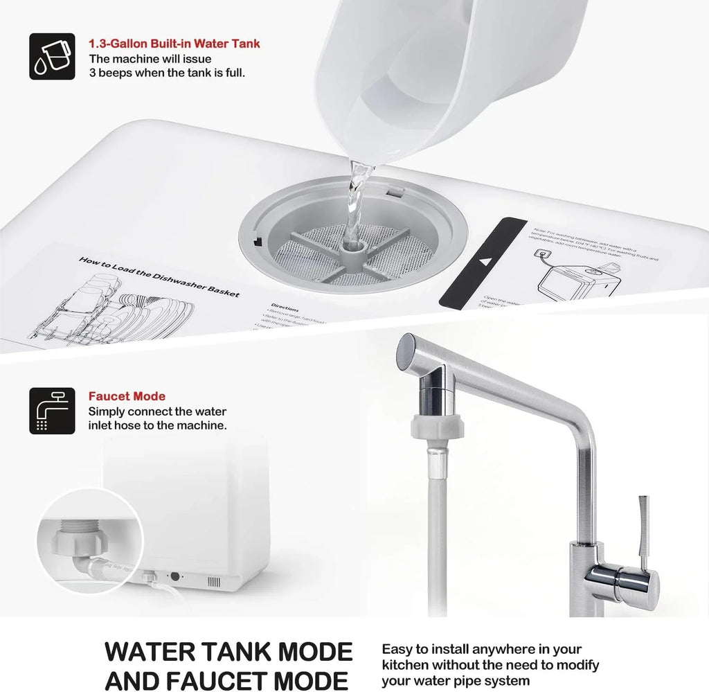 Lave-vaisselle de table portable NOVETE, lave-vaisselle compact avec réservoir d'eau intégré de 5 litres et tuyau d'arrivée d'eau, 5 programmes de lavage