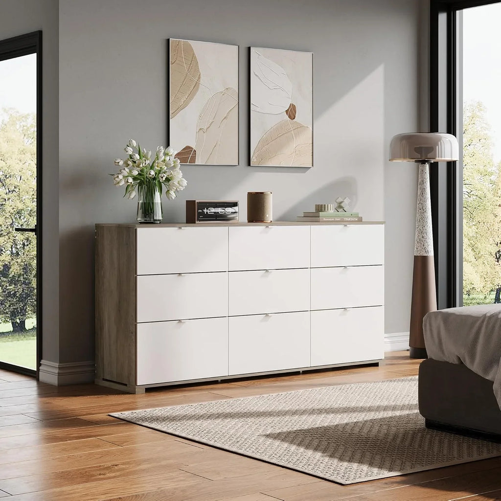 Commode LED à 9 tiroirs pour chambre à coucher, 148 cm de large, organiseur de rangement en bois avec prise électrique