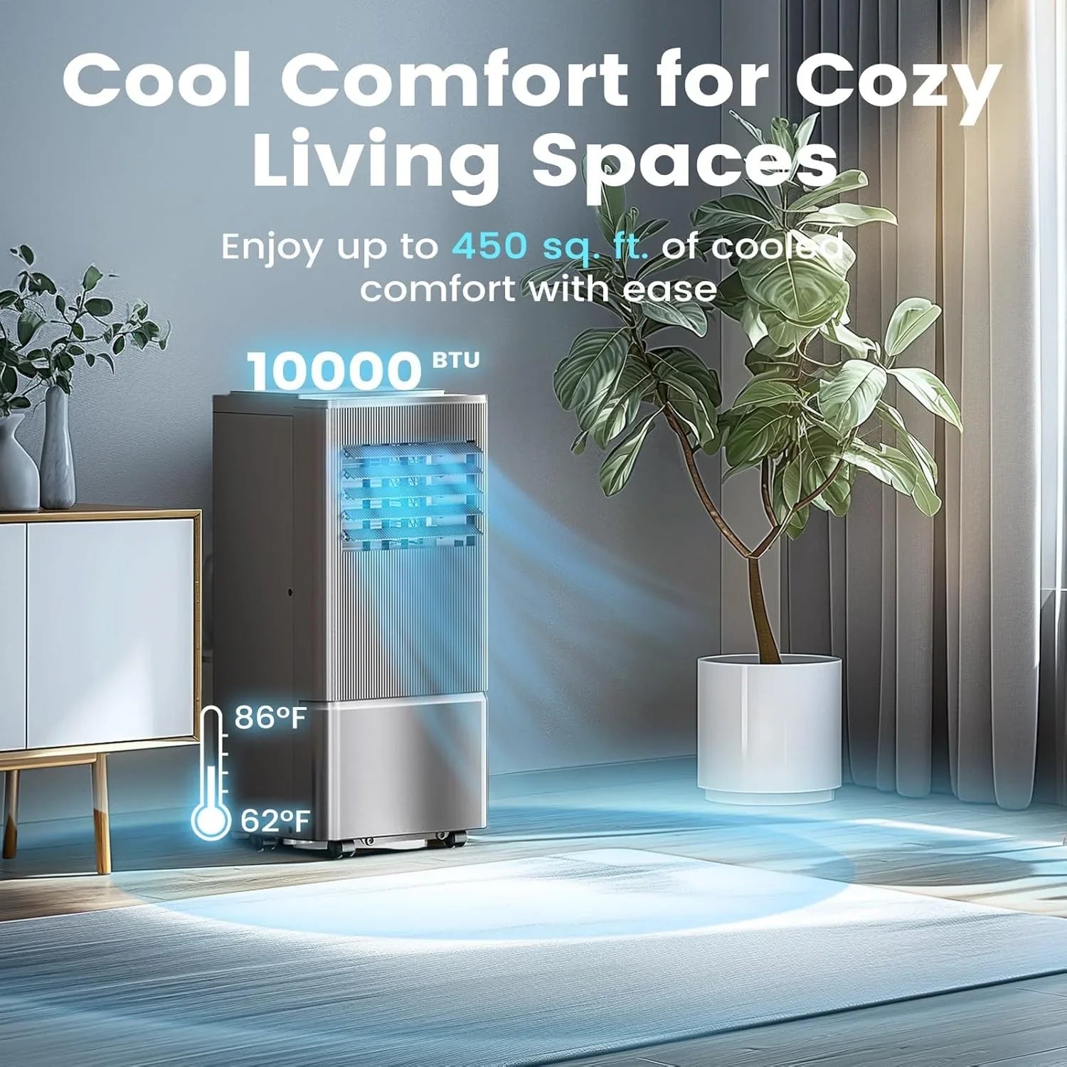 Climatiseur portatif Air Choice, 10 000 BTU, pour pièce jusqu'à 450 pi², télécommande, minuterie 24 h, modes déshumidificateur et ventilateur.