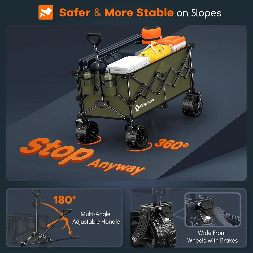 Poussette pliable à quatre roues de 96 cm de long, pliable, capacité de 200 kg, poussette de plage pliable robuste de 220 litres avec de grands pneus tout-terrain