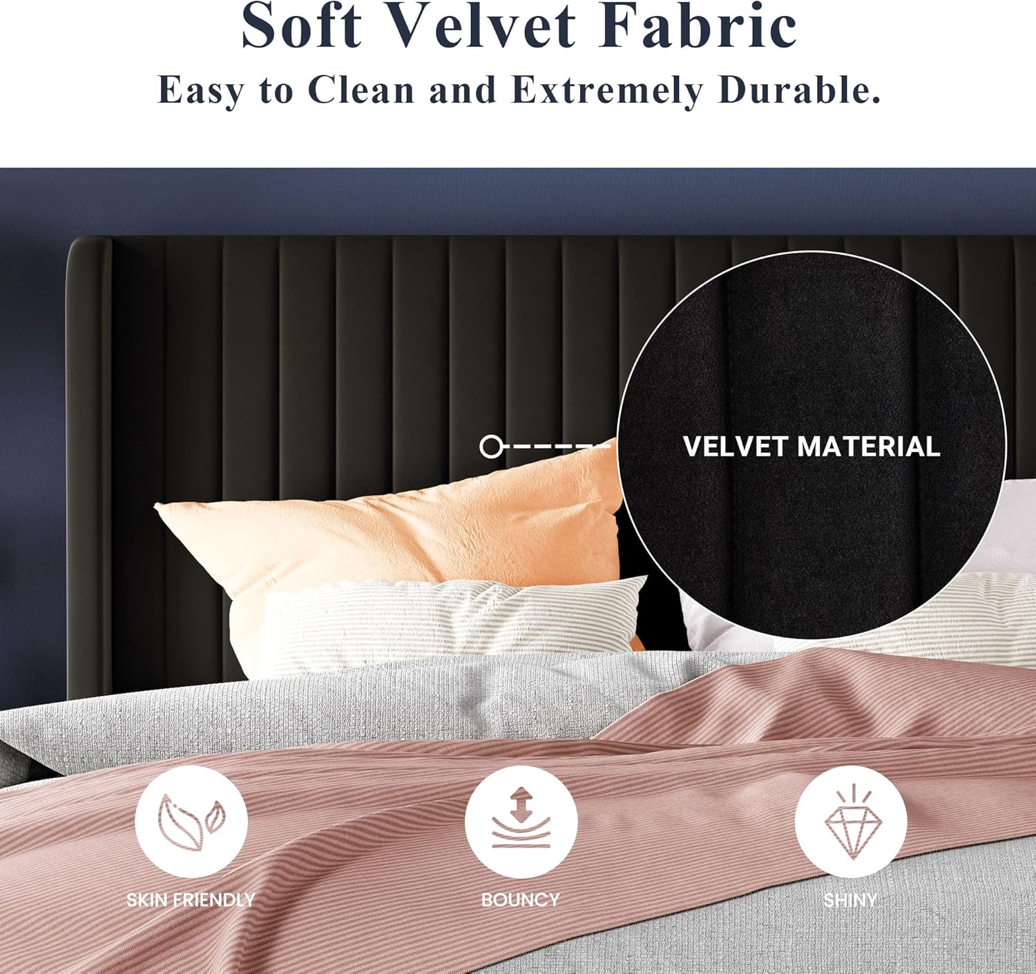 Cadre de lit Allewie en velours pleine grandeur/tête de lit capitonnée à oreilles verticales/lit plateforme rembourré/lattes en bois robustes