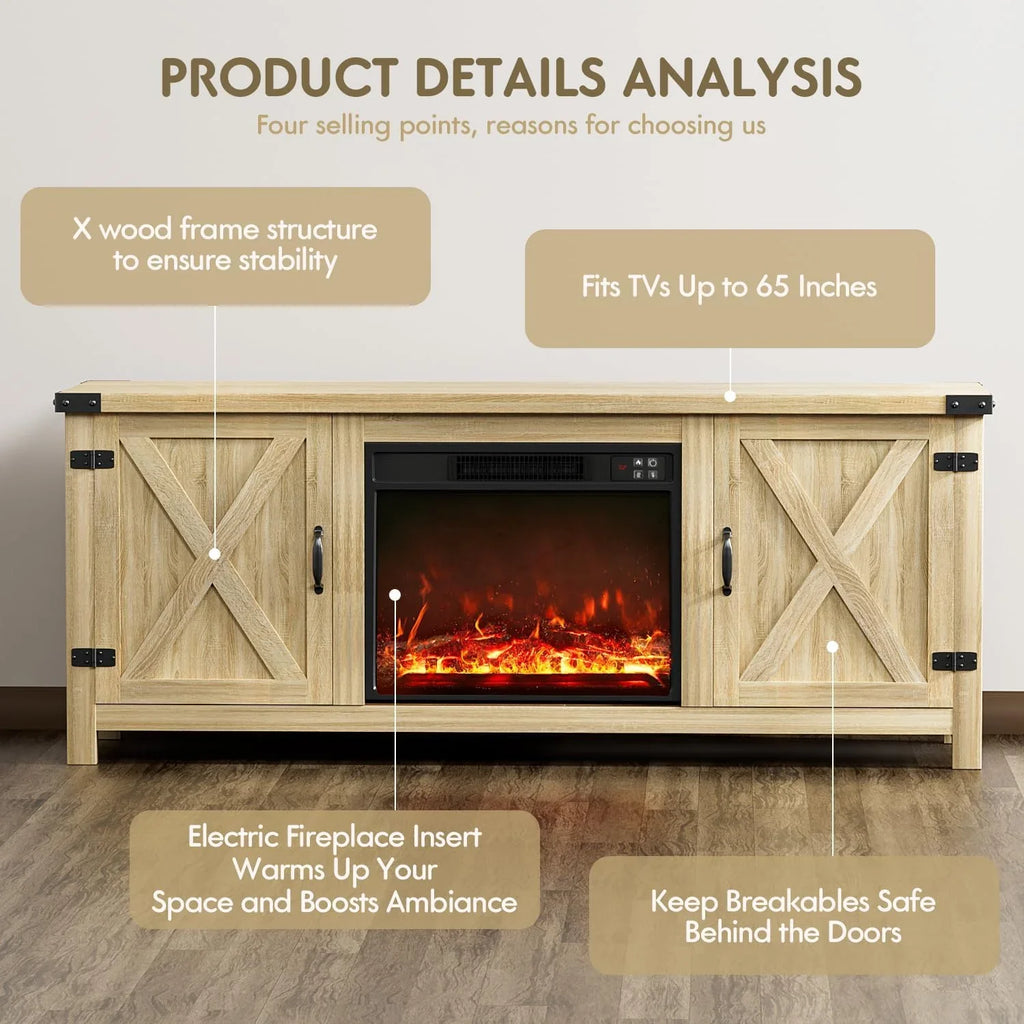 YESHOMY Meuble TV avec cheminée et deux portes de grange, armoires de rangement pour téléviseurs jusqu'à 65 pouces et plus, console de divertissement, meuble multimédia pour salon, 58 pouces