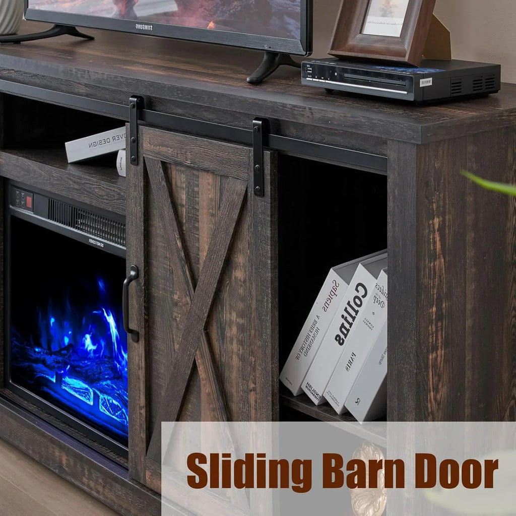 Meuble TV avec cheminée AMERLIFE et portes coulissantes style grange, compatible avec les téléviseurs jusqu'à 73 pouces, centre de divertissement avec cheminée de style ferme