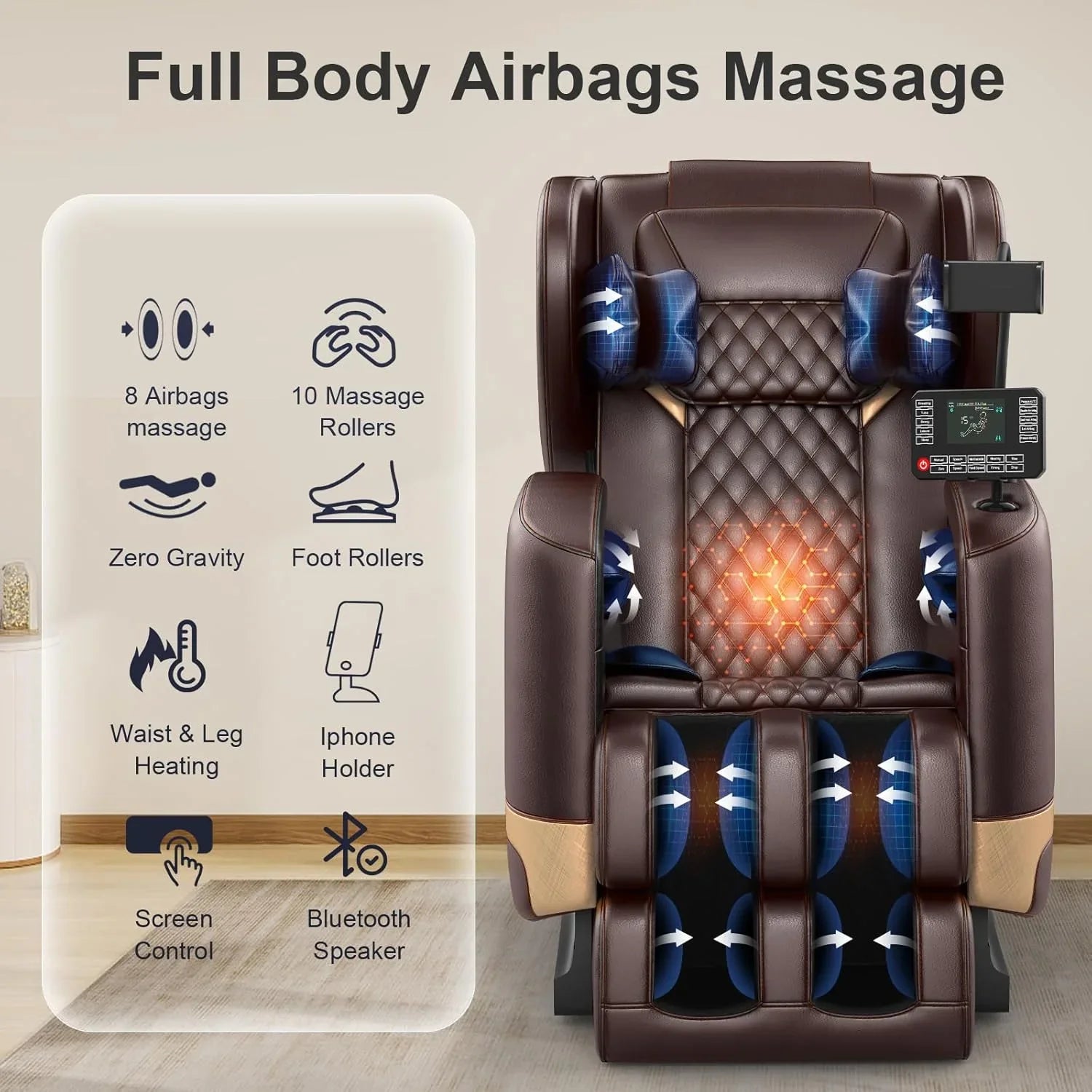 Fauteuil de massage complet 2025, massage zéro gravité, avec 10 rouleaux fixes, chauffant, massage des pieds