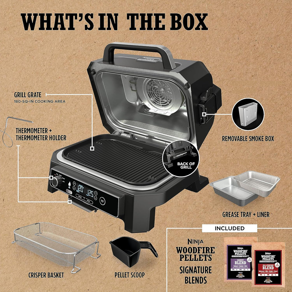 Ninja Woodfire Pro XL Barbecue et fumoir d'extérieur, thermomètre, gril principal 4 en 1