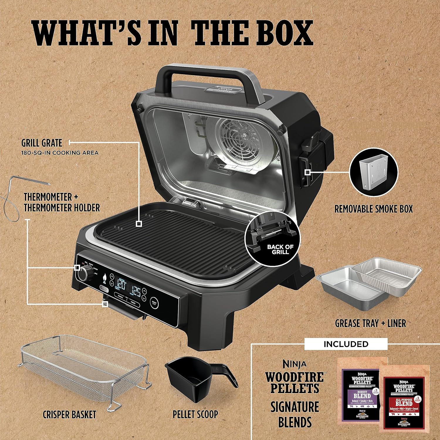 Ninja Woodfire Pro XL Barbecue et fumoir d'extérieur, thermomètre, gril principal 4 en 1