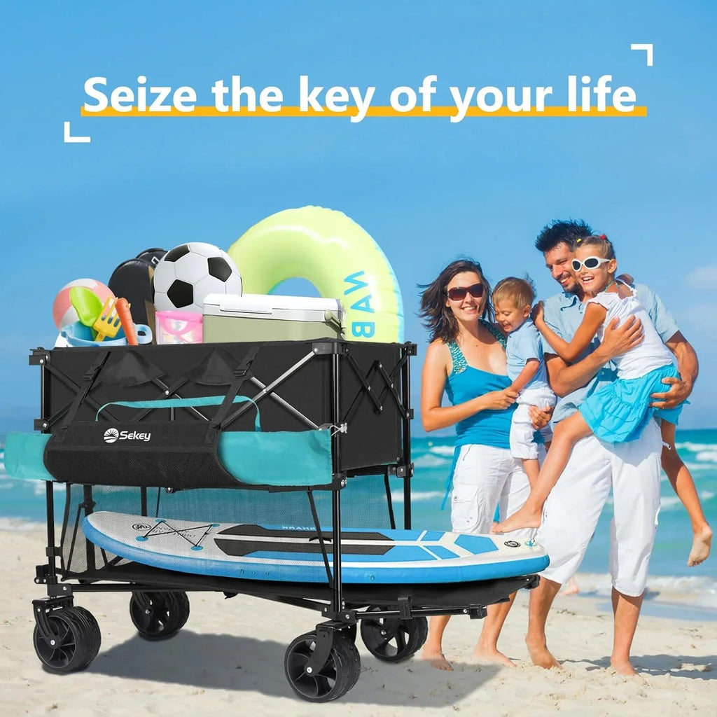 Chariot pliable à deux étages grande capacité de 400 L avec freins, chariot extensible extra long de 50 po, chariot pliable robuste de 500 lb.