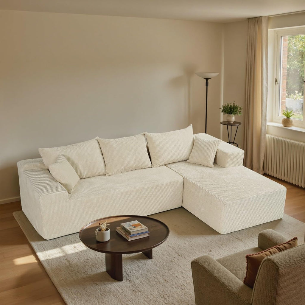 Cloud sofa with L-shaped lounge chair, modern modular sofa with deep seats