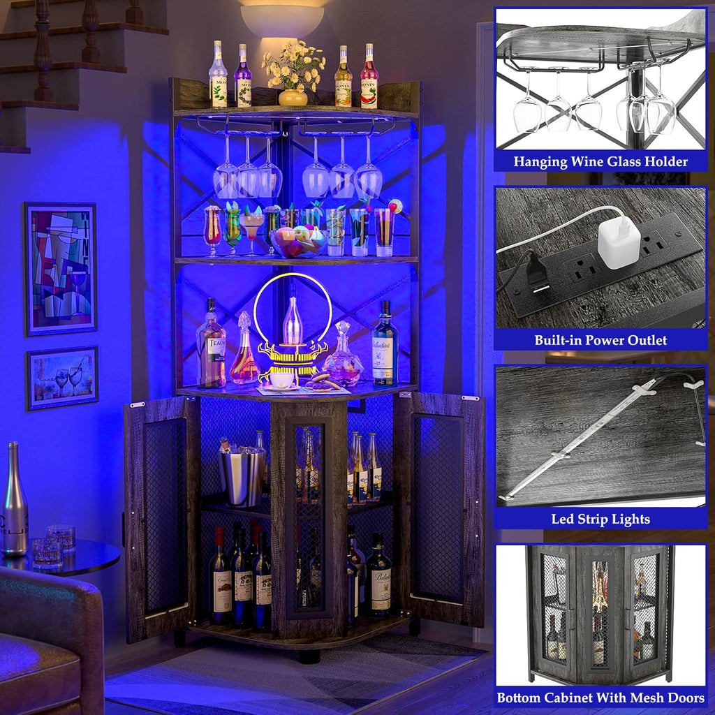 Meuble bar d'angle avec prise de courant, armoire à vin de style industriel avec bande lumineuse LED et support à verres, meuble bar à vin à cinq niveaux pour la maison, vitrine d'angle pour petit espace