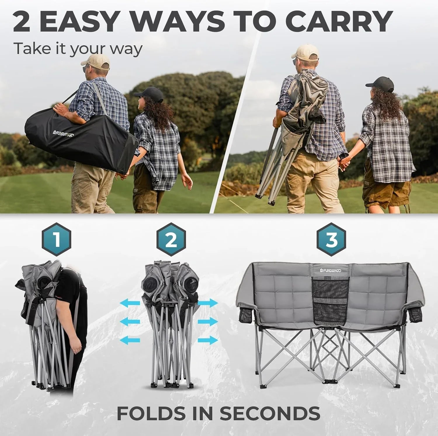 Chaise de camping double avec glacière Chaise de camping pliante extra large pour 3 personnes avec capacité de charge de 1 000 livres