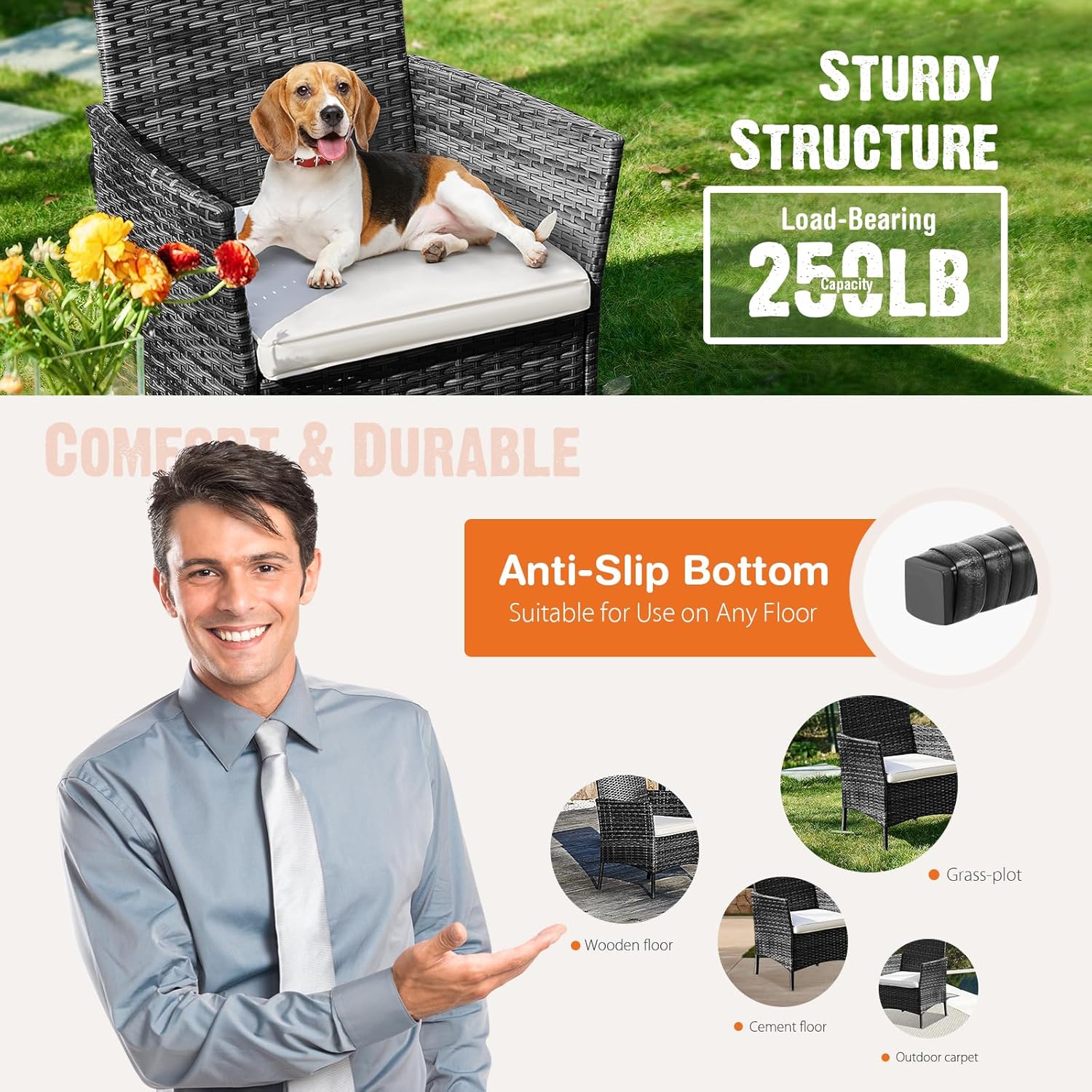 Ensemble de meubles de patio 3 pièces Sweetcripy, en osier tressé à la main