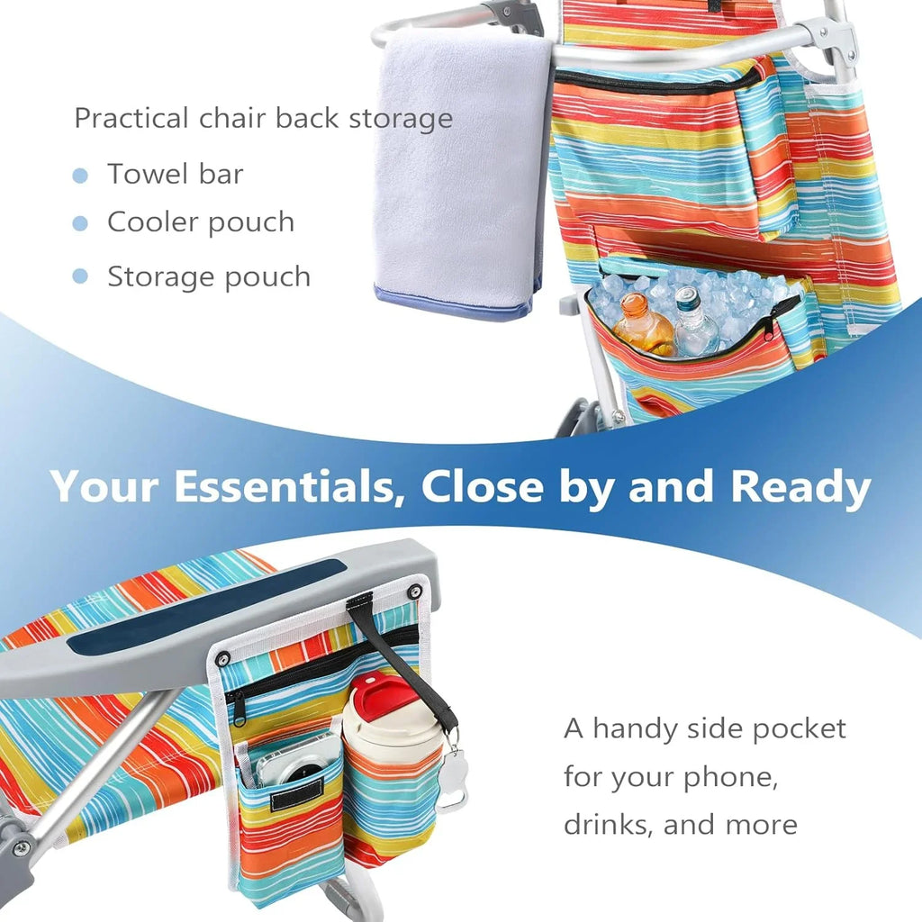 Lot de 2 chaises de plage compactes et portables pour adultes, en aluminium, 5 positions, avec pochette isotherme