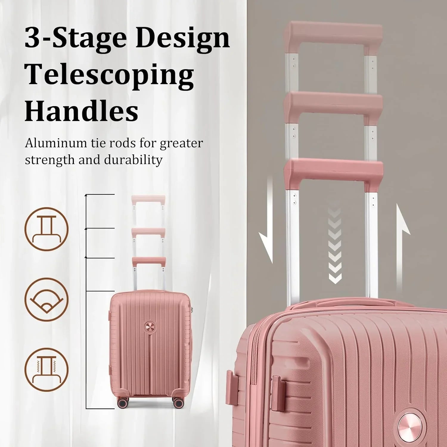 Ensemble de 5 valises de voyage légères à coque rigide en PP avec deux roulettes pivotantes et serrure TSA