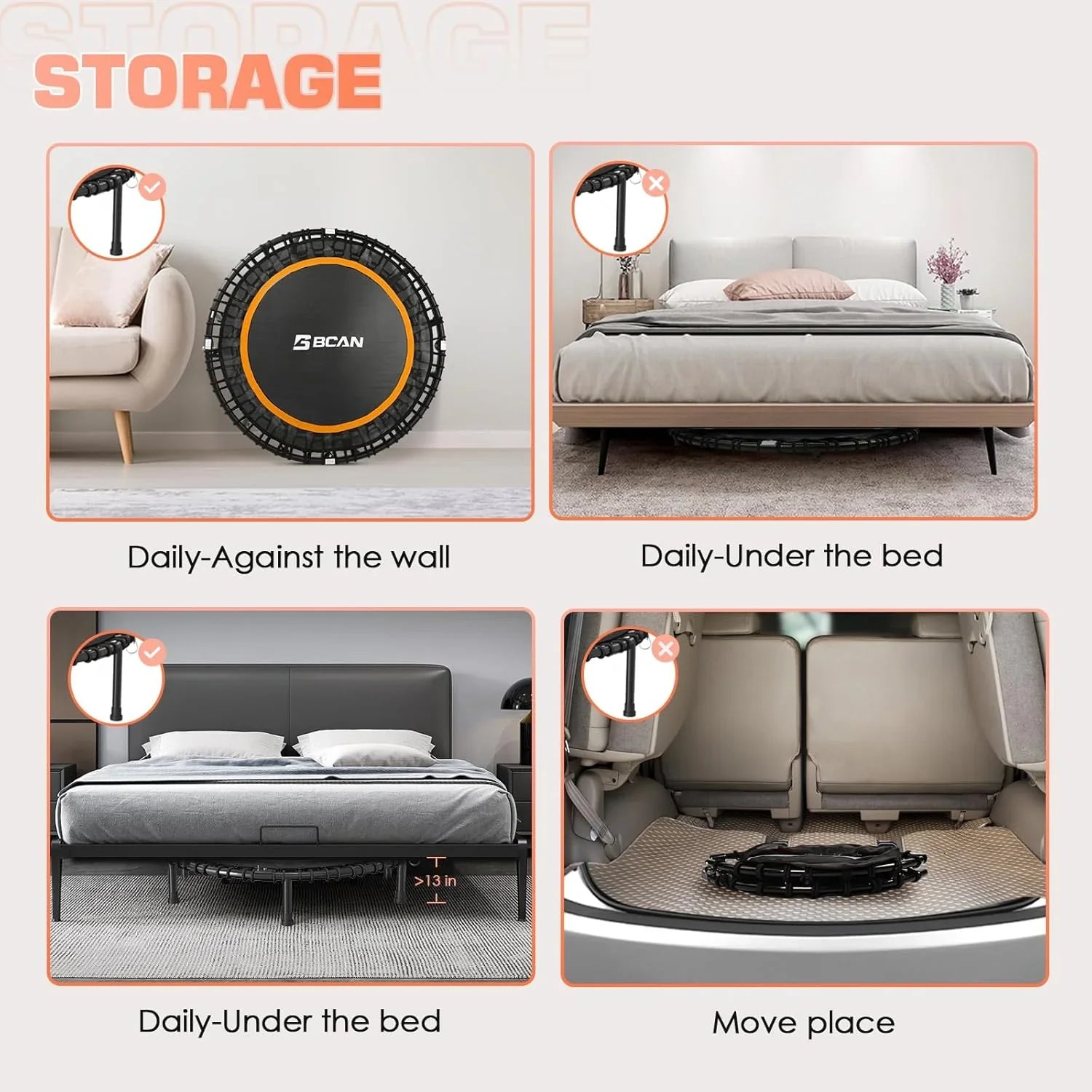 Mini-trampoline pliable BCAN 450/550 lb, trampoline de fitness 40"/48" stable et silencieux